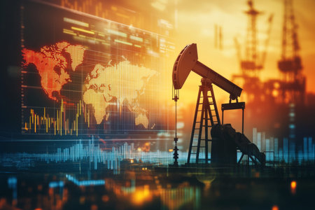Double exposure of oil pump and financial chart with digital map for energy sector innovation
