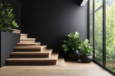 Elegant wooden staircase in luxury home entryway with black wall and glass windows, stylish decorの写真素材