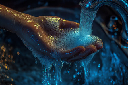 Close up of hands washing with soap under tap in bathroom for cleanlinessの写真素材