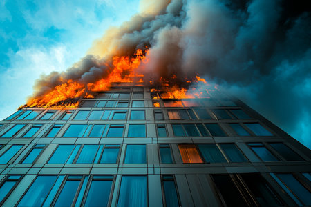 Dramatic fire erupts in high rise building, smoke billowing from top floor window in stunning detailの写真素材