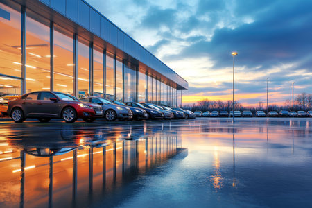 Cinematic dusk view of a modern car dealership with reflections and illuminated facadeの写真素材
