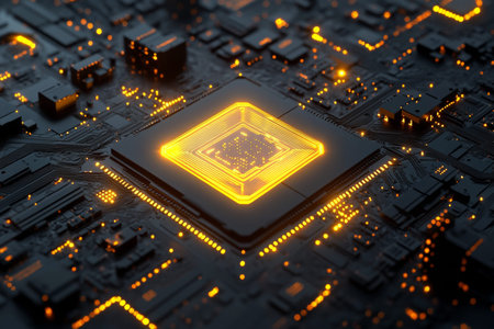 Futuristic glowing square chip against black circuit boards a close up technological vision