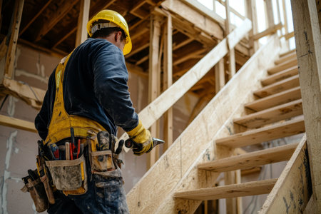 Construction worker building wooden staircase in home renovation, wearing safety gear and tool beltの写真素材
