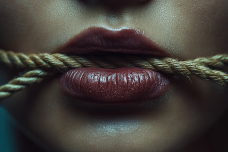 Close up of lips bound by ropes, representing a Japanese woman s struggle and resilience in artの写真素材