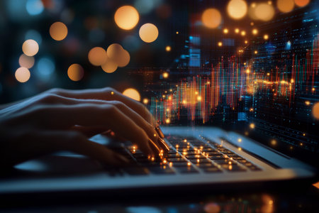 Hands typing on laptop amid financial graphs and global network business growth concept banner
