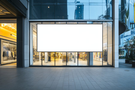 Blank white horizontal billboard at modern luxury store entrance with glass windows mockupの写真素材
