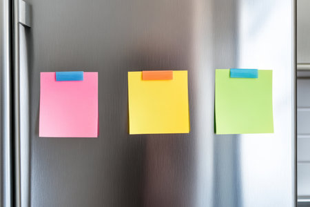 Colorful sticky notes displayed on a stainless steel refrigerator in a kitchen front viewの写真素材
