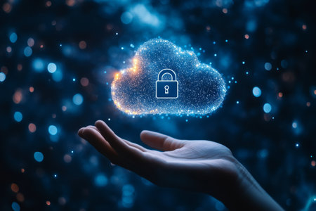 Hand holding cloud with padlock on dark blue, symbolizing data security in cloud computingの写真素材