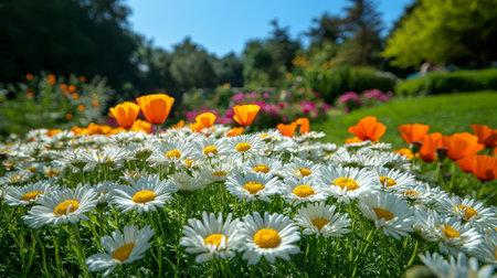 Vibrant garden scene with daisies, chrysanthemums, and poppies under a bright blue skyの写真素材