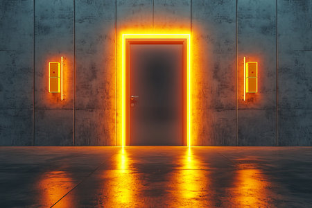 Minimalistic 3d render of an industrial room with neon lights, yellow switches, and central doorの写真素材