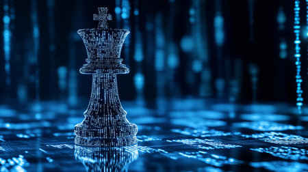 Abstract digital art with chessboard and binary code king piece illustrating data flow conceptの写真素材