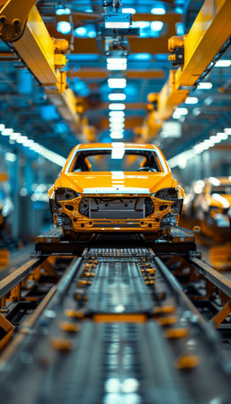 Industrial robot assembling bright orange car frame in automotive production facility aerial viewの写真素材