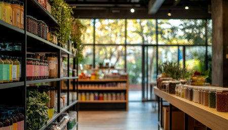 Bright and inviting organic store interior with colorful products and herb counter in natural lightの写真素材