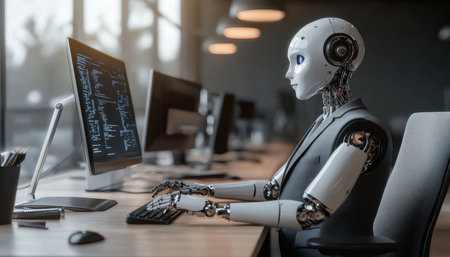 Futuristic humanoid ai robot in business suit working at desk in dark office settingの写真素材