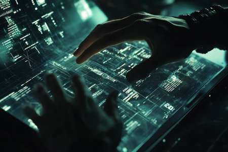 Close up of hands typing on laptop with holographic data display in a dark cybersecurity settingの写真素材