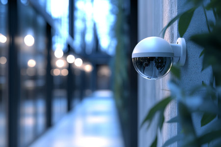 3d close up of a wall mounted security camera with lens detail and blurred office backgroundの写真素材