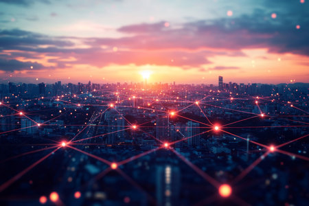 Illuminated city skyline at sunset with glowing network connections for global communicationの写真素材