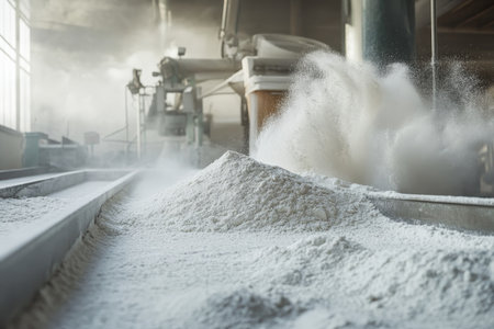 Close up of machinery and flour piles in a factory during the flour production processの写真素材