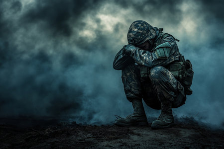 A melancholic soldier in uniform crouched amidst a smoky landscape under a gloomy skyの写真素材