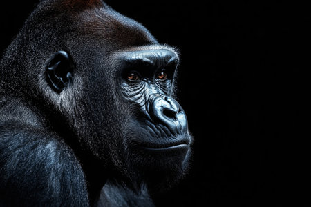 Detailed gorilla portrait in oil painting style with color accents on dark backgroundの写真素材
