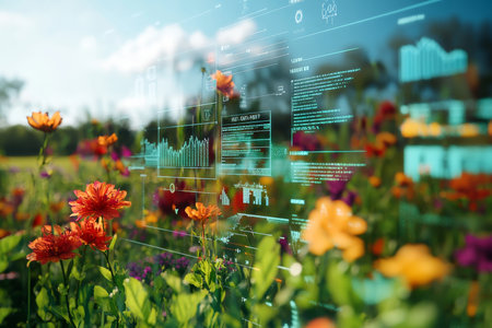 Futuristic digital display showcasing agricultural technology against a blooming outdoor fieldの写真素材