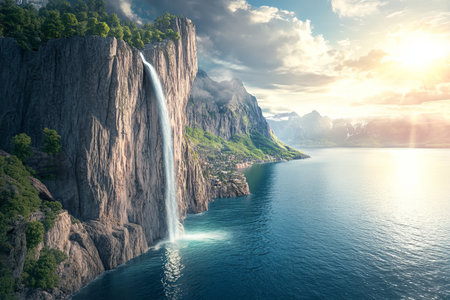 Majestic waterfall cascading from a cliff into a serene sea in a stunning fantasy landscapeの写真素材