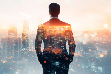 Double exposure of a businessman overlooking a blurred urban skyline in a modern cityscapeの写真素材