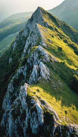 Stunning green mountain with rocky summit illuminated by sunlight and dramatic lighting effects