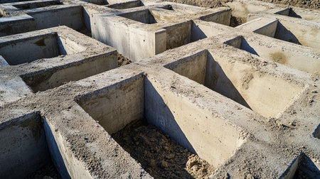 Wide angle shot of concrete footings designed in a maze for basement construction projects.