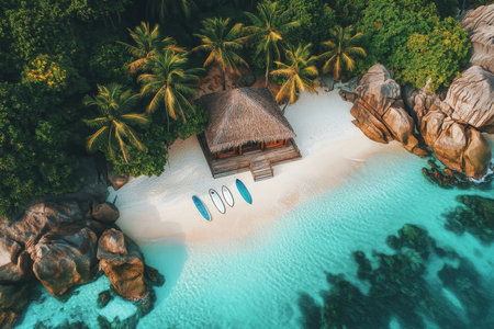 Aerial view of a tropical island with crystal clear waters, palm trees, and a cozy wooden hutの写真素材