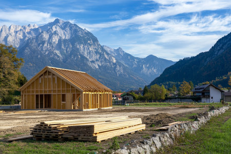 Wooden construction amidst bavarian alps planks, pallets, and majestic mountain backdropの写真素材