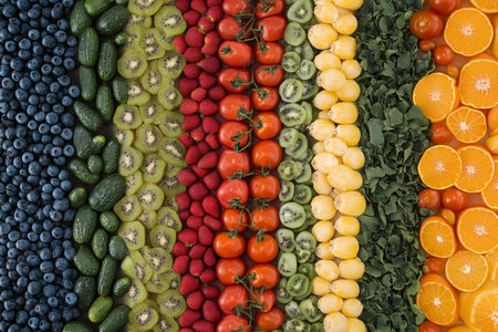Colorful collage of fruits and vegetables arranged by color for impactful food advertisingの写真素材
