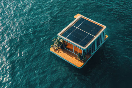 Aerial view of a luxurious floating house with solar panels and terrace in the open sea
