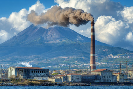 A large smokestack emitting dense brown air pollution a stark symbol of climate change impactの写真素材