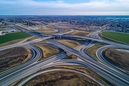 Aerial view of a complex urban highway system with intertwined crossings and cloverleaf interchanges