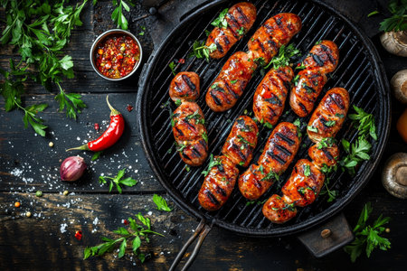 Delicious grilled sausages on the grill a mouthwatering top view food photography shotの写真素材
