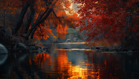 Serene autumn reflections vibrant foliage and sunset over lake