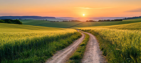 Stunning sunset over south downs fields with dirt road and lush wheat on either sideの写真素材