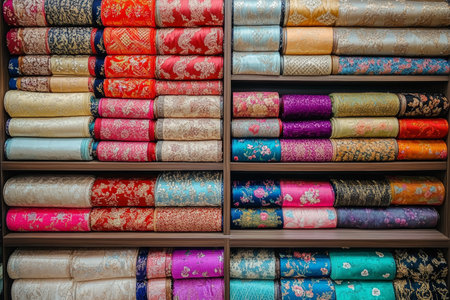 Elegant shelves displaying colorful embroidered fabrics in a women's interior design shopの写真素材