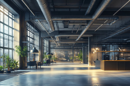 Modern industrial interior featuring air vents, heating ducts, and metal pipes in a factory settingの写真素材