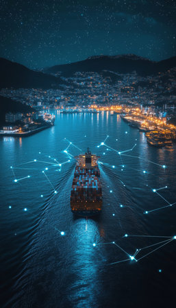 Aerial view of a cargo ship with containers in a glowing night city, representing global networks