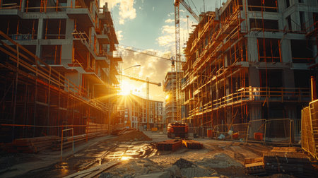 Realistic photography of a construction site featuring cranes and a concrete building under blue skyの写真素材