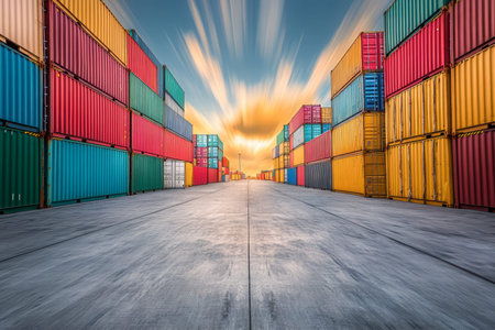 Vibrant shipping containers on concrete at sunset, representing global trade and transport dynamics