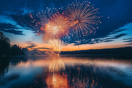 Vibrant fireworks illuminate the night sky over a serene lake with forest and river backdropの写真素材