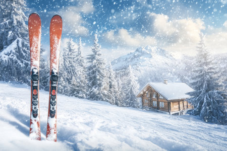 Skis on snow with scenic winter landscape and wooden mountain house ideal for custom design spaceの写真素材