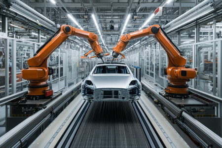 Robotic arms in action car production line showcasing automotive industry innovation and efficiency