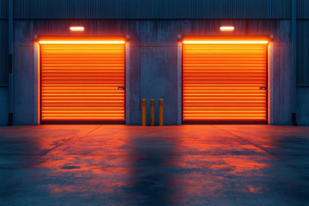 Nighttime scene of three roller shutter doors illuminated by orange neon lights on concrete floorの写真素材