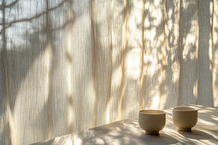 Serene close up of sheer curtain with sunlight casting soft shadows over outdoor table settingの写真素材