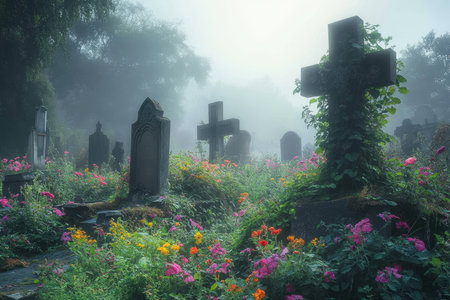 An enchanted old cemetery with tombstones and ivy covered crosses surrounded by vibrant dawn flowersの写真素材