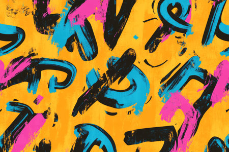 Vibrant seamless pattern of bold calligraphic strokes in bright colors on orange backgroundの写真素材